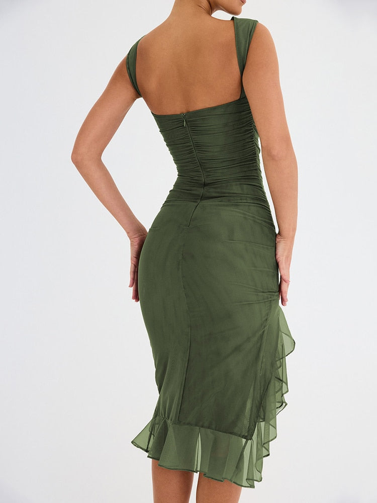 Gbolsos Elegant Ruffle Ruched Midi Dress For Women Robe Summer New Backless Sleeveless Irregular Club Party Sexy Dress Vestido