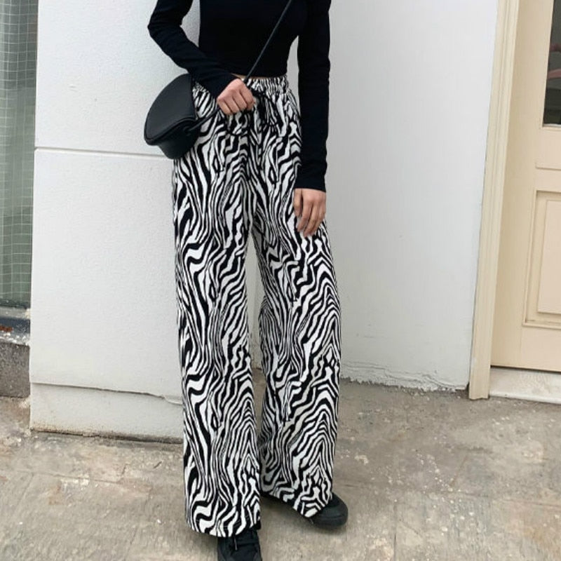 Gbolsos Pants Women Lace-up Adjustable Zebra Pattern Striped Fashionable Loose Leisure Stylish Straight Trousers Womens Comfortable Chic