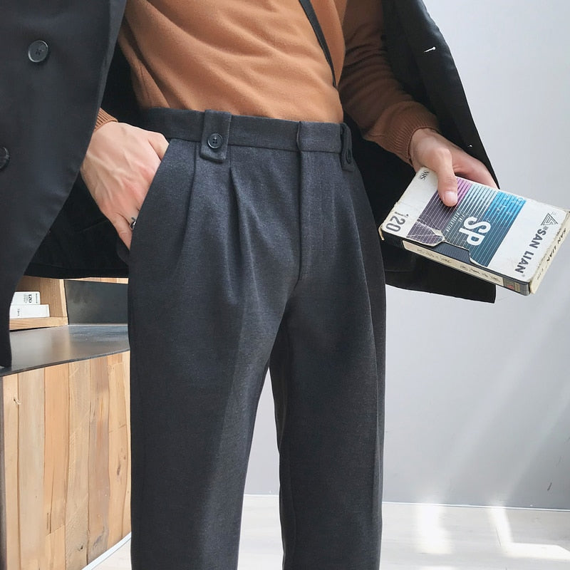 Gbolsos Autumn Winter Woolen Business Dress Pants Men Elastic Waist Streetwear Casual Trousers Formal Social Suit Pants Costume Homme
