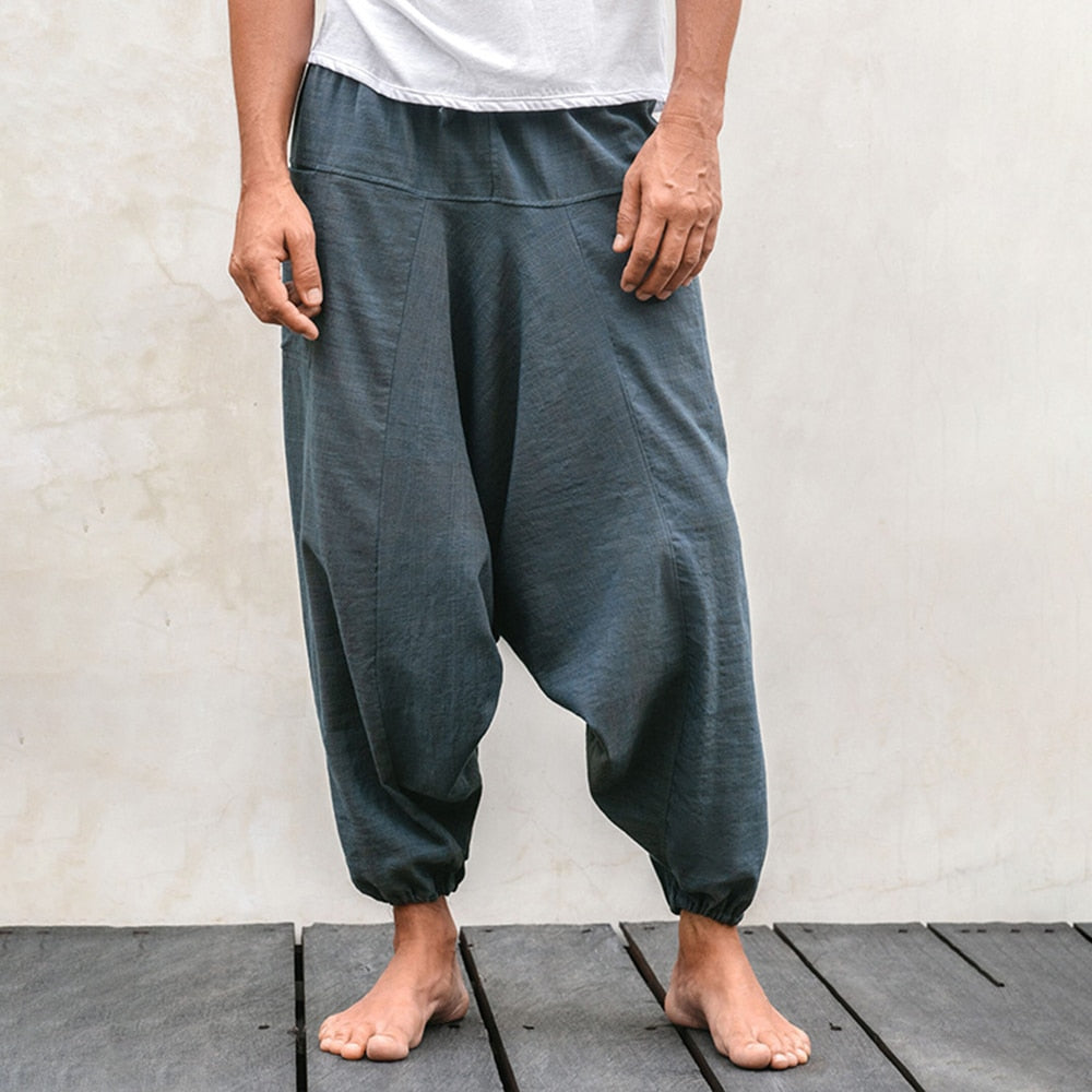 Gbolsos Cotton and Linen Casual Solid Color Bloomers Men's Hip-hop Street Nine-point Sports Pants Retro Fashion Simple Loose Yoga Pants
