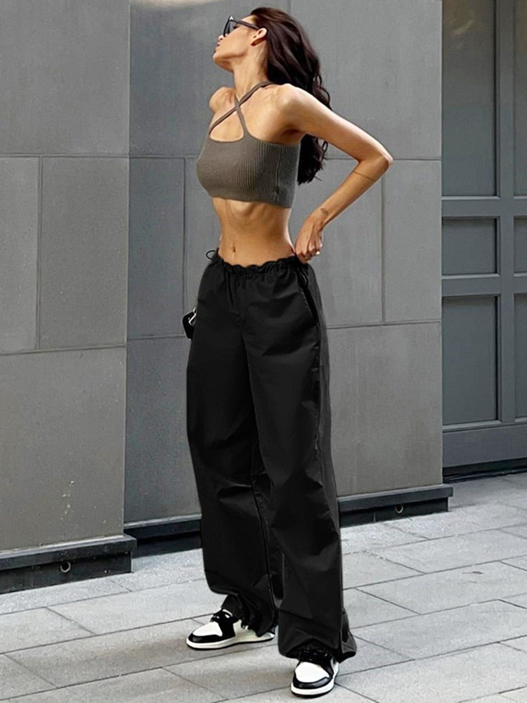 Gbolsos Fashion High Street Cargo Pants Women Casual Sweatpants Solid Loose Trousers Drawstring Waist Wide Leg Pants Y2K Party