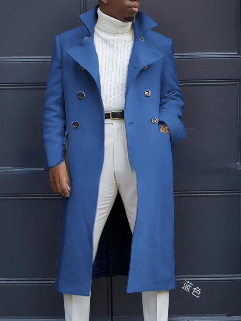 Gbolsos Solid Casual Woolen Trench Coat for Men Coat 2023 Autumn/winter Slim Fitting Double Breasted Trench Jacket with Extended Length