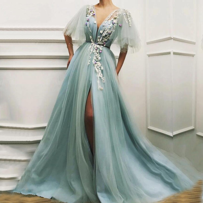 Gbolsos Light Green Fairy Prom Dress Appliques 3D Flowers Short Sleeves Tulle Evening Gown Side Split Celebrity Party Dress