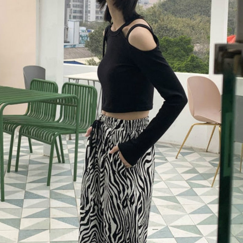 Gbolsos Pants Women Lace-up Adjustable Zebra Pattern Striped Fashionable Loose Leisure Stylish Straight Trousers Womens Comfortable Chic