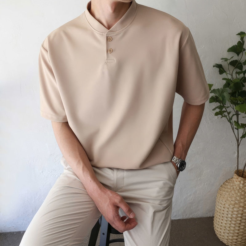 Gbolsos Summer Short Sleeve T-shirt Men Slim Fit Fashion Casual T Shirt Men Korean Solid Color Standing Neck Tshirt Mens Top M-2XL
