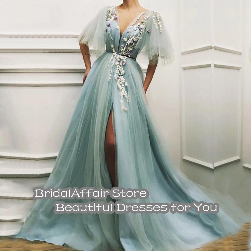 Gbolsos Light Green Fairy Prom Dress Appliques 3D Flowers Short Sleeves Tulle Evening Gown Side Split Celebrity Party Dress