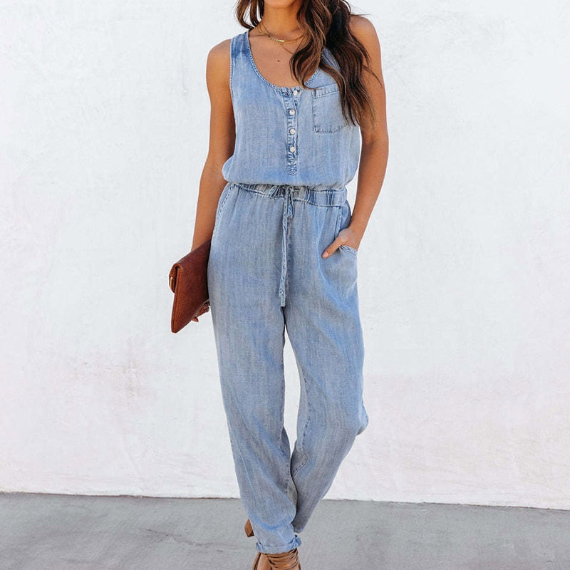 Gbolsos Fashion Office Long Pant Overalls Summer Sleeveless Button Pocket Denim Jumpsuit Female Casual Drawstring Waist One-Piece Romper