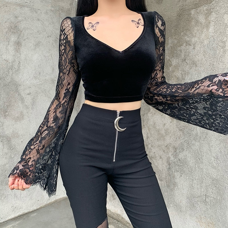 Gbolsos 90s Vintage Velvet Black Crop Top Elegant Lady Lace Flare Sleeve V Neck T-shirt Harajuku Grunge Retro Tees Women Gothic Clothes