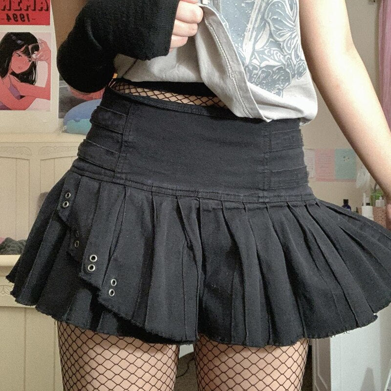 Gbolsos E-girl Retro Goth Mall Black Mini Skirt Preppy Kawaii Dark Academia Pleated Skirt Punk Grunge Gothic Y2K Aesthetics Clothes