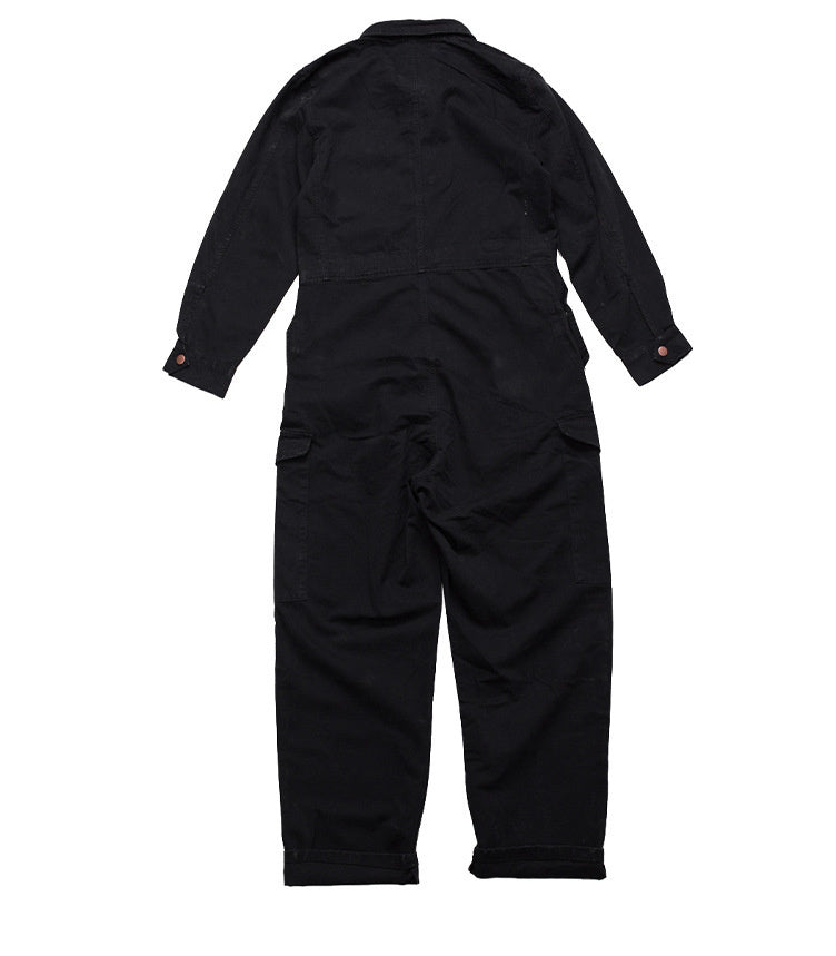 Gbolsos Men's wear multi-pockets workwear jumpsuit black green single breasted loose long sleeve turn down collar trousers 9Y4105