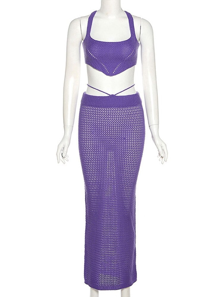 Gbolsos Purple Knitted 2 Piece Summer Set Women Sexy Crochet Vacation Beach Outfits Hollow Out Bandage Long Skirt And Cropped Set