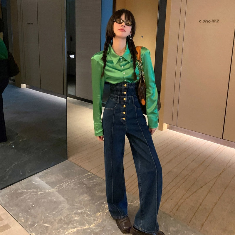 Gbolsos Elegant Korean Jeans Women Winter New High-Waist French Designer Wide-legged Pants Blue Casual Designer Long Pants Autumn