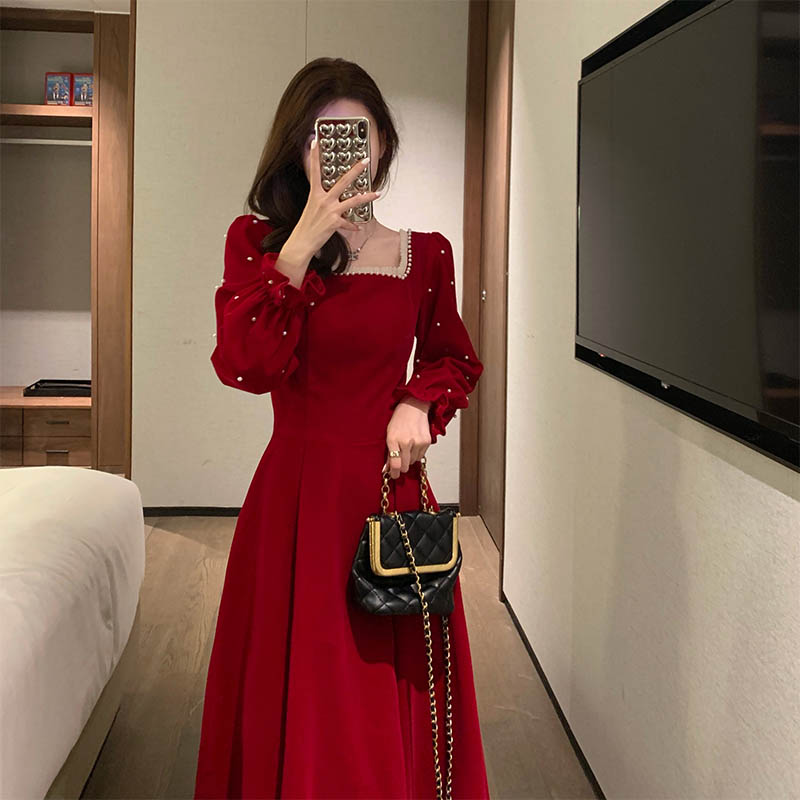 Gbolsos Red France Vintage Dresses Women Winter Elegant Evening Party Midi Dresses New Year Casual Designer Korean One-Piece Dress Christmas