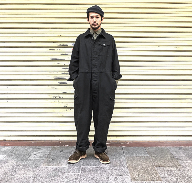 Gbolsos Men's wear multi-pockets workwear jumpsuit black green single breasted loose long sleeve turn down collar trousers 9Y4105
