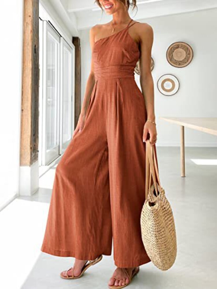 Summer New Women's Jumpsuit Single Shoulder Strap Pleated High Waist Casual Wide Leg Jumpsuit Elegant Hakama Jumpsuit Women
