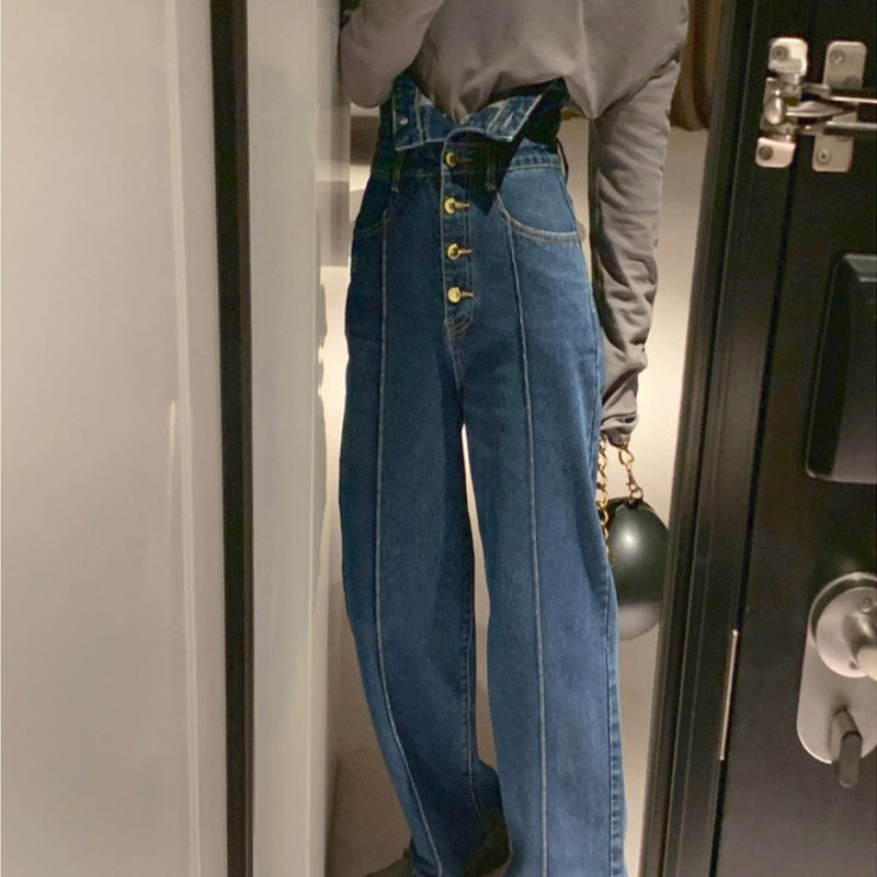 Gbolsos Elegant Korean Jeans Women Winter New High-Waist French Designer Wide-legged Pants Blue Casual Designer Long Pants Autumn