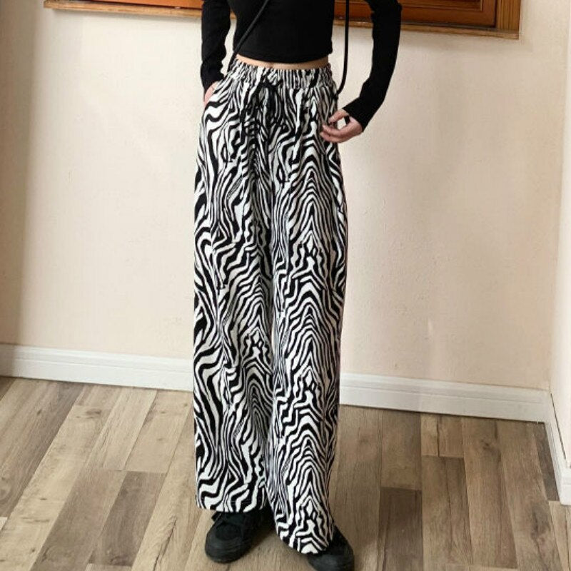 Gbolsos Pants Women Lace-up Adjustable Zebra Pattern Striped Fashionable Loose Leisure Stylish Straight Trousers Womens Comfortable Chic
