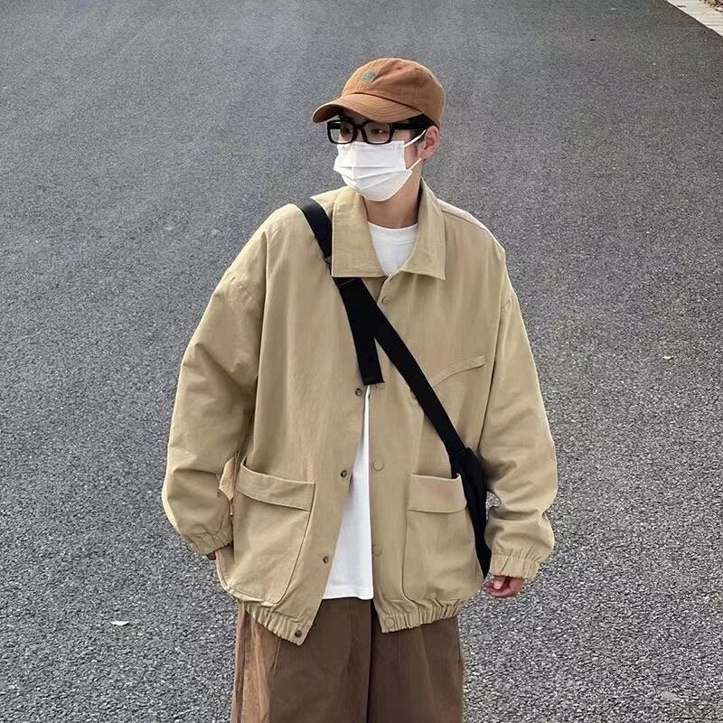 Men's Japanese Vintage Lapel Collar Cargo Jackets Work Clothes Harajuku Loose Casual Coats Solid Color Outerwear M-2XL