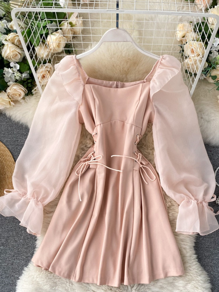 Gbolsos Summer Short Party Dress Women Vintage Square Collar Hollow Out Mesh Puff Sleeve Lace up Slim Waist A Line Mini Club Dress