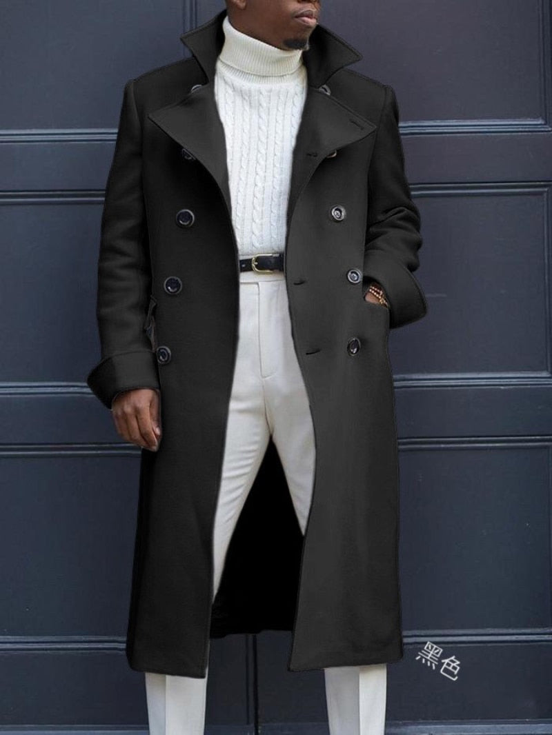 Gbolsos Solid Casual Woolen Trench Coat for Men Coat 2023 Autumn/winter Slim Fitting Double Breasted Trench Jacket with Extended Length