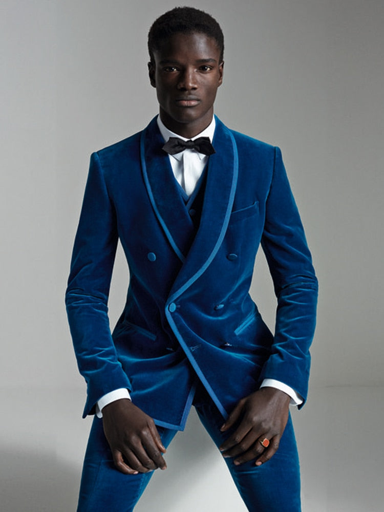 Gbolsos Double Breasted Velvet Suits for Men Custom 3 Piece Slim Fit African Fashion Custom Groom Wedding Tuxedo Prom Wedding Costume