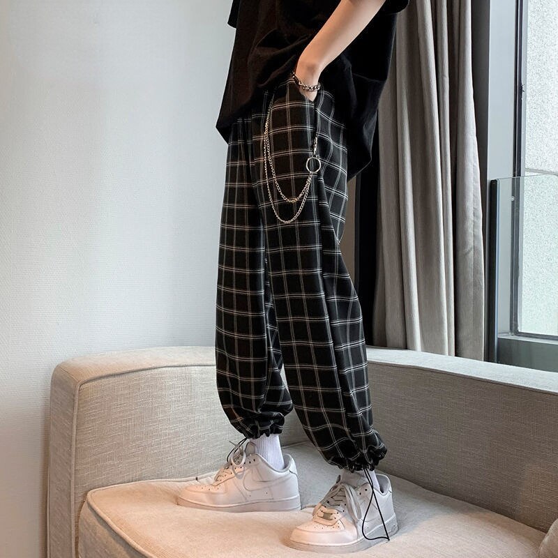 Gbolsos Plaid Wide Leg Trouser Belt Chain Sleepwear Men's Wear Summer Hip Hop Casual Pants Fashion Men's Pants