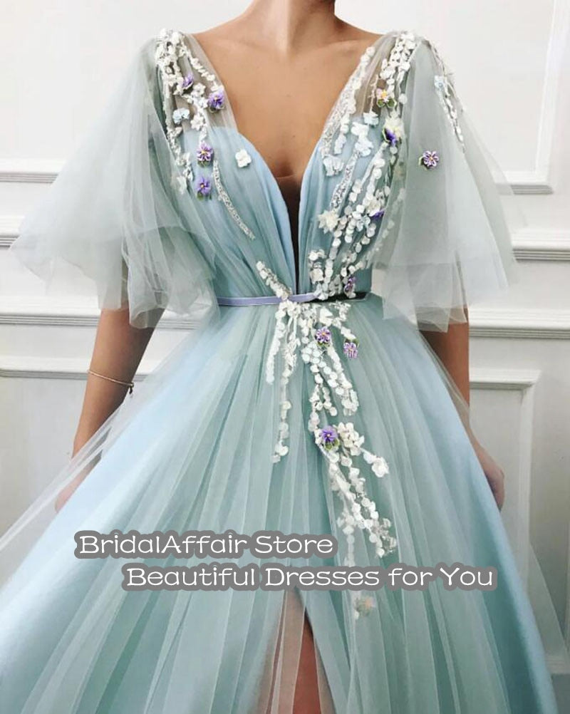 Gbolsos Light Green Fairy Prom Dress Appliques 3D Flowers Short Sleeves Tulle Evening Gown Side Split Celebrity Party Dress