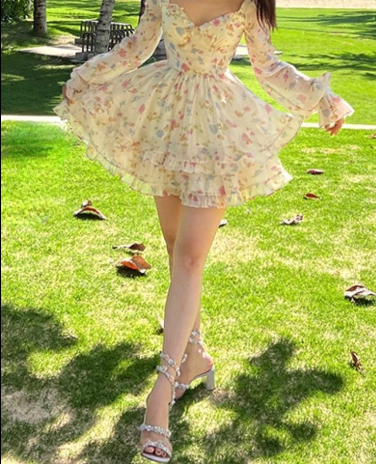 Gbolsos Casual Beach Party Mini Dress Women Summer Elegant Floral Long Sleeve Fairy Dress Female Y2k Korean Fashion Chic Sexy Dress