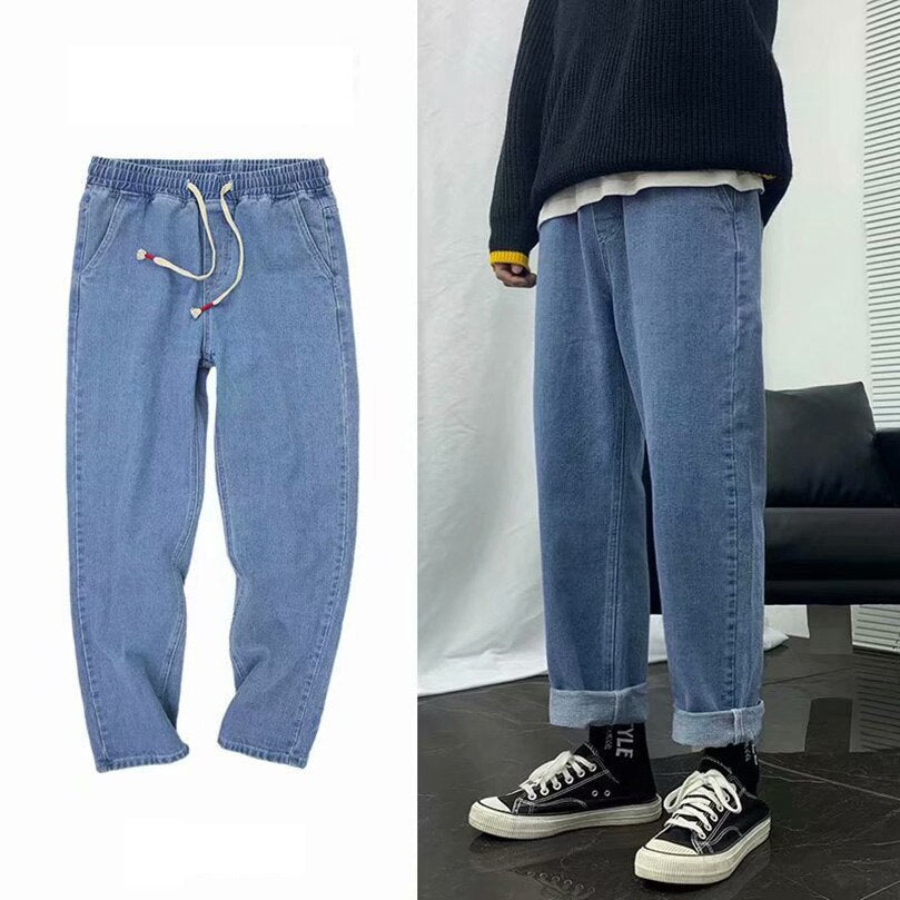 Gbolsos American Casual Jeans Men Spring Wide Leg Street Straight Oversize Denim Pants Elastic Waist Drop Vintage Denim Trousers 2023
