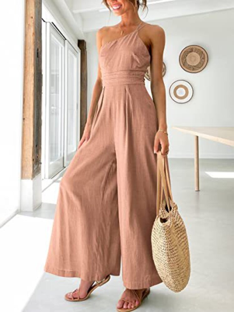 Summer New Women's Jumpsuit Single Shoulder Strap Pleated High Waist Casual Wide Leg Jumpsuit Elegant Hakama Jumpsuit Women