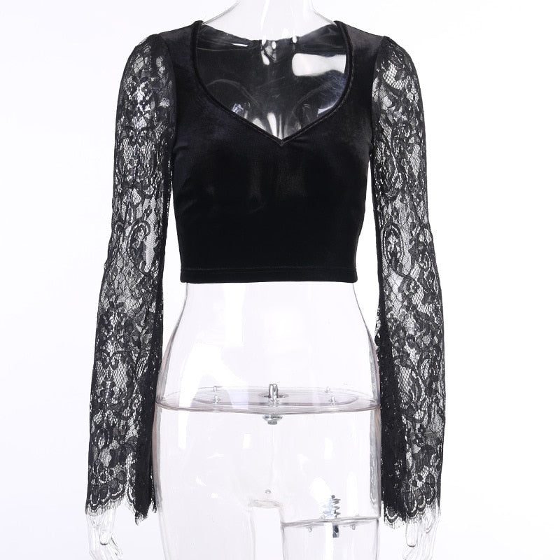 Gbolsos 90s Vintage Velvet Black Crop Top Elegant Lady Lace Flare Sleeve V Neck T-shirt Harajuku Grunge Retro Tees Women Gothic Clothes