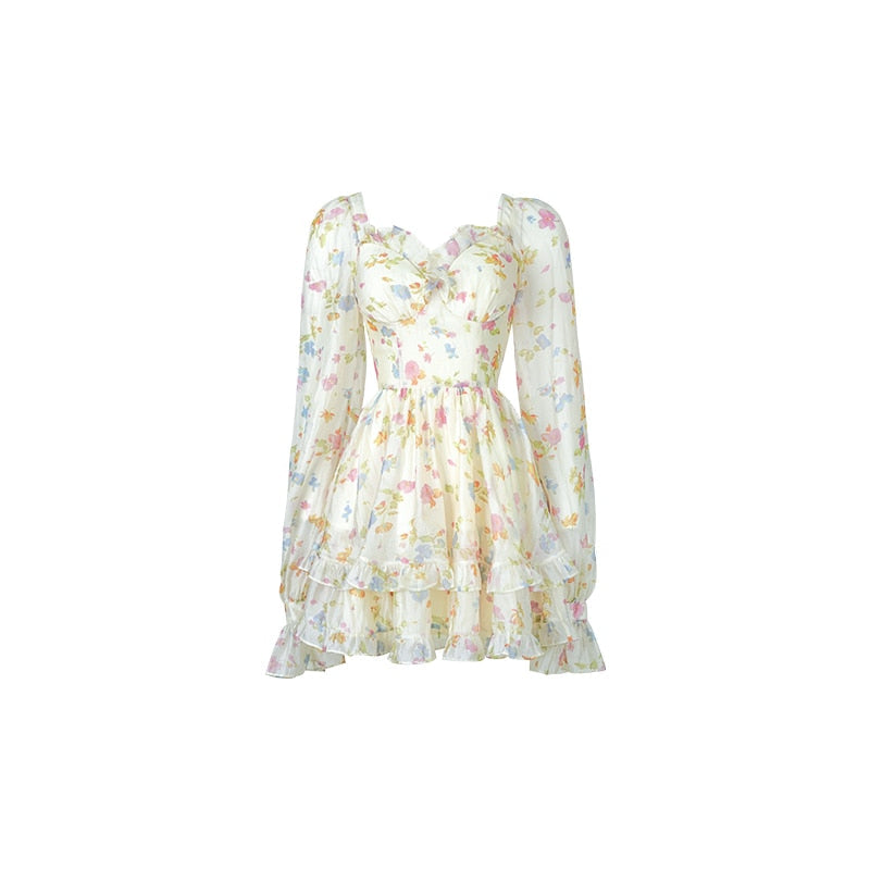 Gbolsos Casual Beach Party Mini Dress Women Summer Elegant Floral Long Sleeve Fairy Dress Female Y2k Korean Fashion Chic Sexy Dress