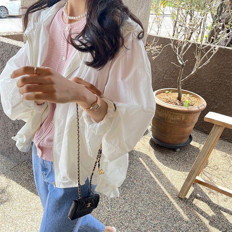 Gbolsos Hooded Summer Jackets Women Loose Pure Simple All-match Sun-proof Basic Outwear Long Sleeve White Lady Clothing Soft Minimalist