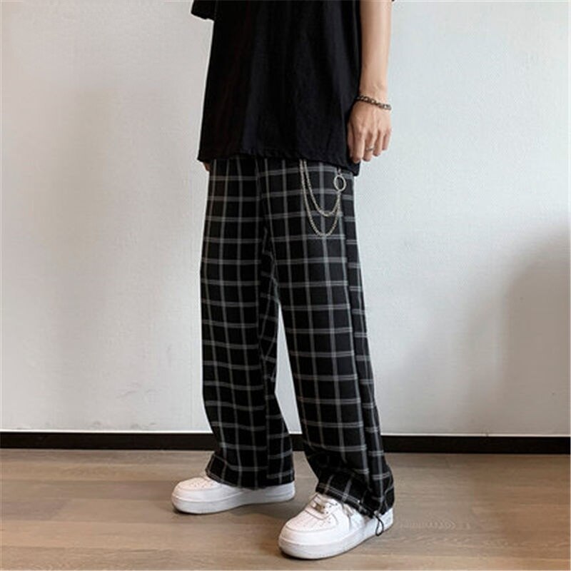 Gbolsos Plaid Wide Leg Trouser Belt Chain Sleepwear Men's Wear Summer Hip Hop Casual Pants Fashion Men's Pants