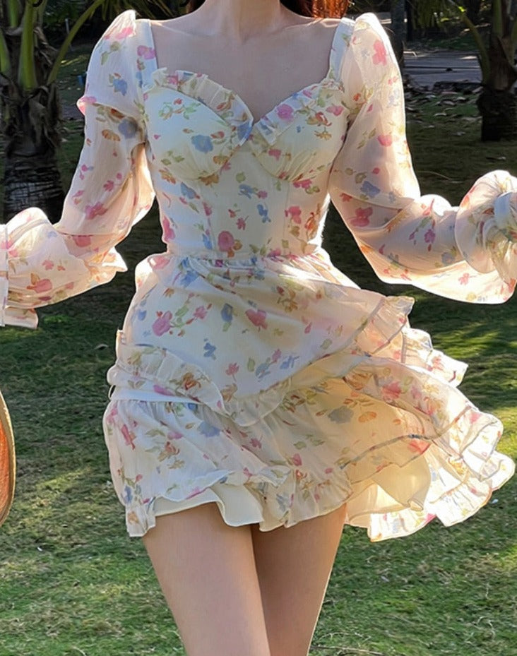 Gbolsos Casual Beach Party Mini Dress Women Summer Elegant Floral Long Sleeve Fairy Dress Female Y2k Korean Fashion Chic Sexy Dress