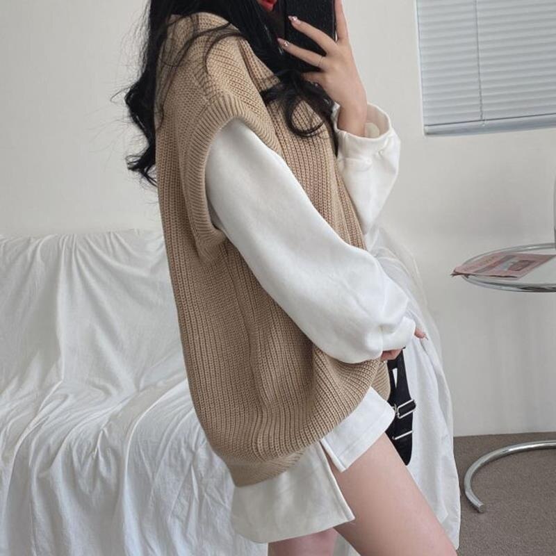 Gbolsos Sweater Vests Women Knitted Tank Sweaters V-neck Solid Sleeveless Casual Long Sleeves Vintage Spring/Autumn Female High Street