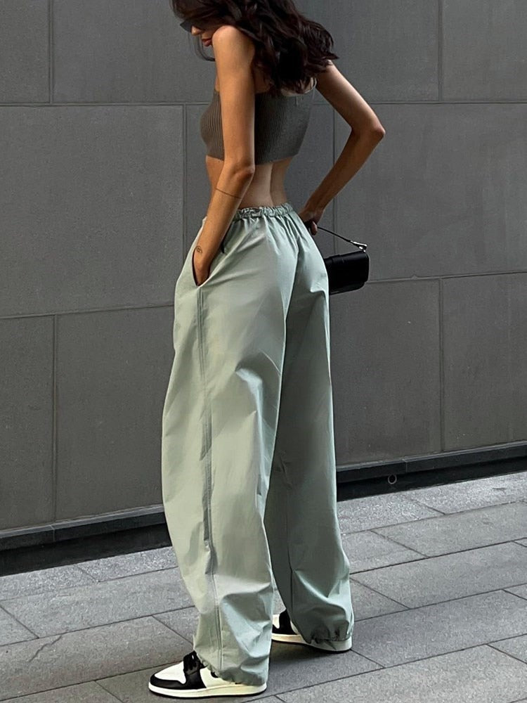 Gbolsos Fashion High Street Cargo Pants Women Casual Sweatpants Solid Loose Trousers Drawstring Waist Wide Leg Pants Y2K Party