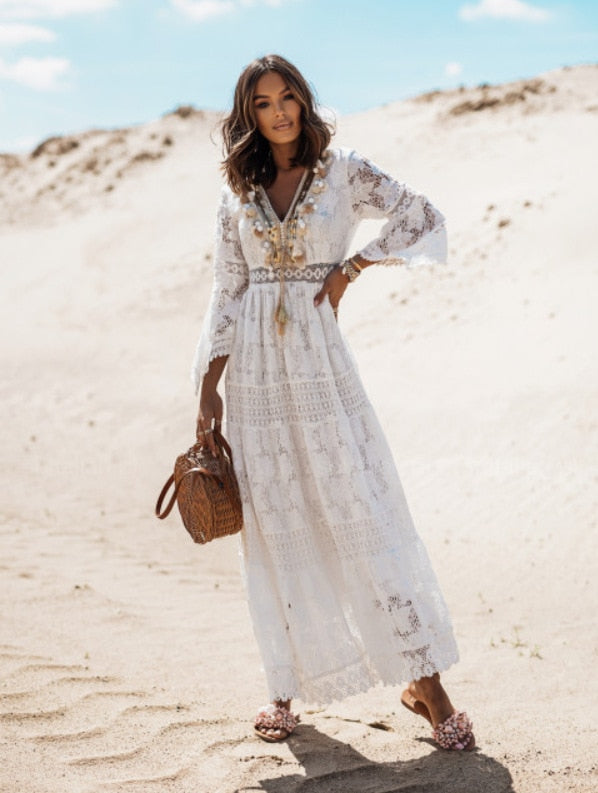Summer Elegant Dresses for Women Tunic Fashion Robe Longue Beach Dress Sexy Lace Long Sleeve White Robe Vestido Pareos