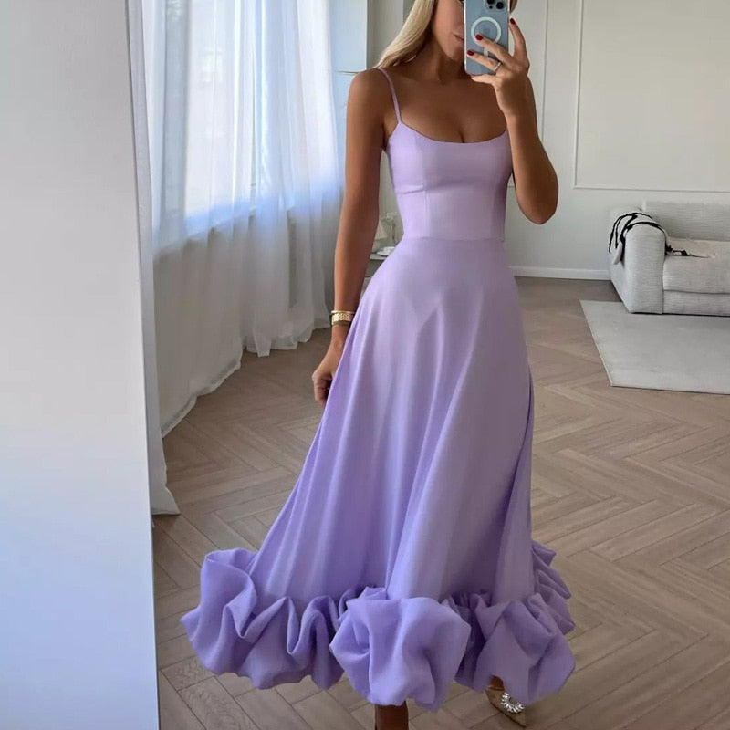Gbolsos Women Off Shoulder Sling Prom Dress Sexy Sleeveless Rose Pleated Patchwork Long Dress Elegant Backless Slim Solid Party Dresses
