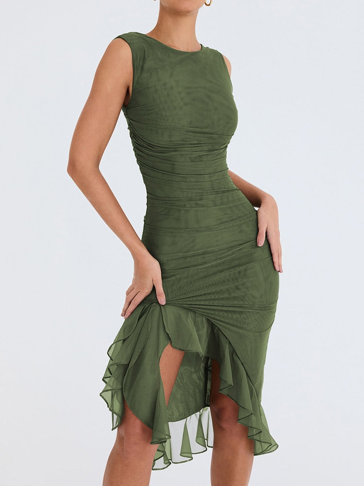 Gbolsos Elegant Ruffle Ruched Midi Dress For Women Robe Summer New Backless Sleeveless Irregular Club Party Sexy Dress Vestido
