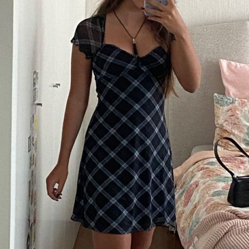 Gbolsos E-girl Harajuku Grunge A-line Derss Y2K Aesthetics Fairy Vintage Plaid Mini Dress Elegant Lady Square Collar Women Streetwear