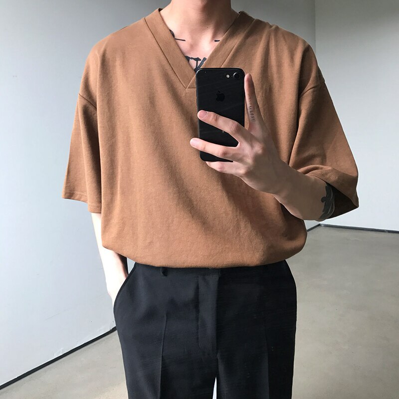 Gmiixder Short Sleeve Tee Men Summer Boys Korean V-neck Short Sleeve T-shirt Solid Loose T-shirt Couple Hong Kong Style Clothes