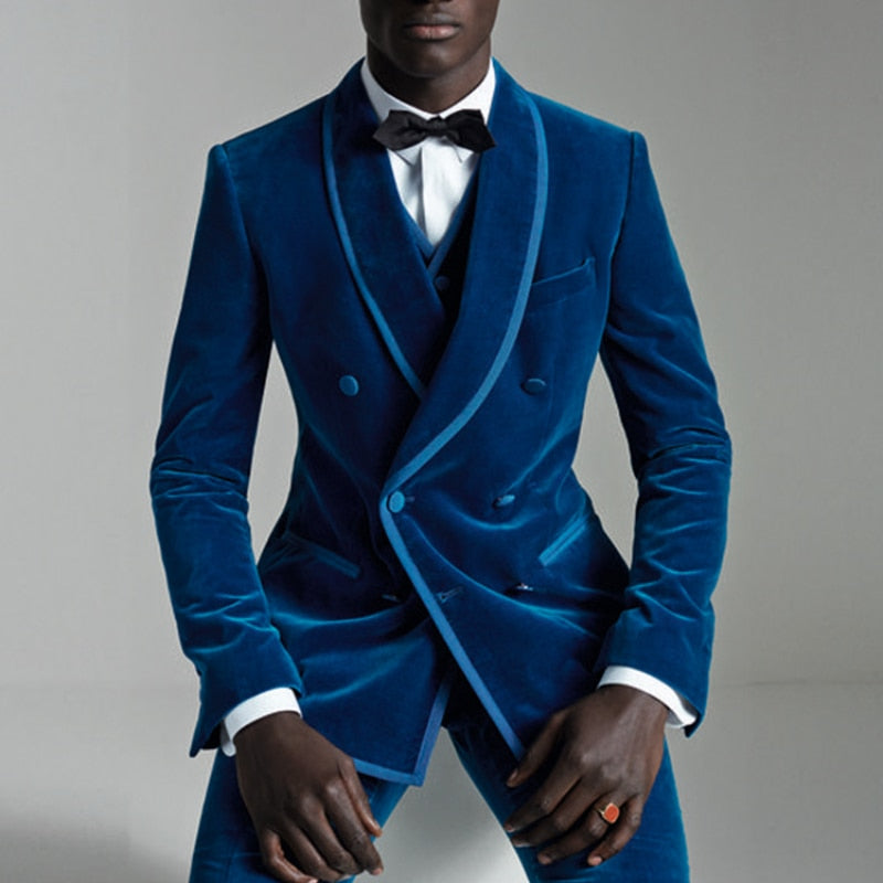 Gbolsos Double Breasted Velvet Suits for Men Custom 3 Piece Slim Fit African Fashion Custom Groom Wedding Tuxedo Prom Wedding Costume