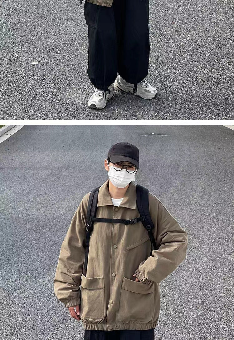 Men's Japanese Vintage Lapel Collar Cargo Jackets Work Clothes Harajuku Loose Casual Coats Solid Color Outerwear M-2XL