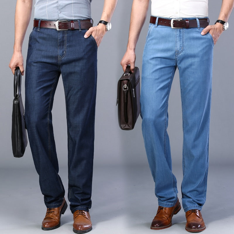 Gbolsos2021 Summer New Men's Thin Tencel Jeans Business Casual Elastic Comfort Straight Denim Pants Male High Quality Brand Trousers