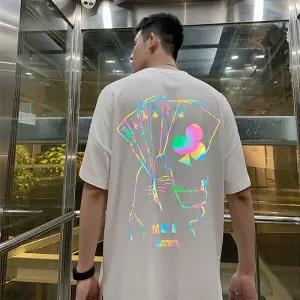 Cool Black Reflective T Shirt Streetwear Men Oversized T-Shirt Japan Harajuku Ppoker Tshirt Summer High Street Half Sleeve Tops