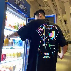 Cool Black Reflective T Shirt Streetwear Men Oversized T-Shirt Japan Harajuku Ppoker Tshirt Summer High Street Half Sleeve Tops