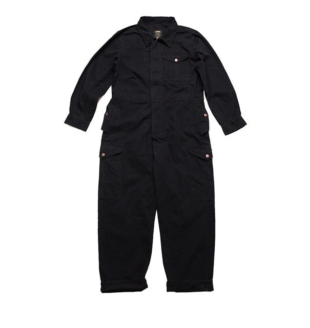 Gbolsos Men's wear multi-pockets workwear jumpsuit black green single breasted loose long sleeve turn down collar trousers 9Y4105