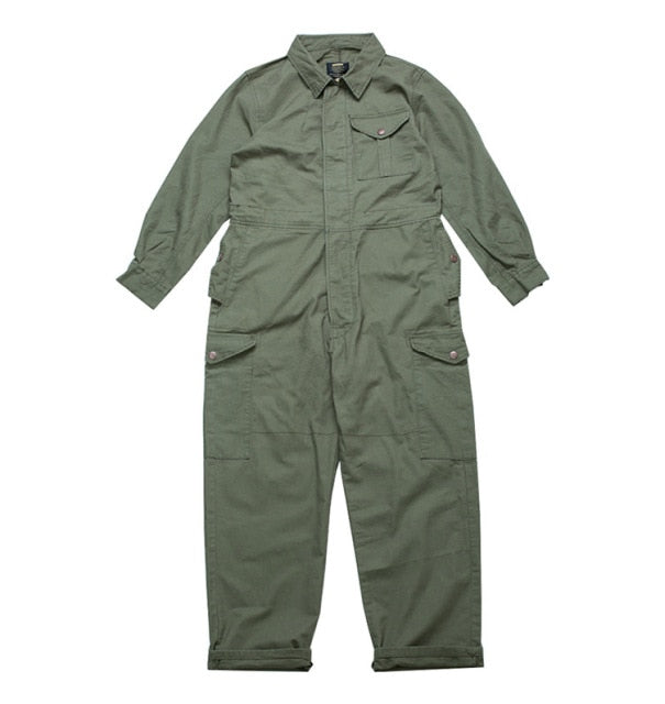 Gbolsos Men's wear multi-pockets workwear jumpsuit black green single breasted loose long sleeve turn down collar trousers 9Y4105