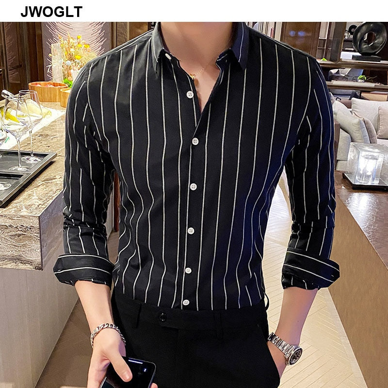 Gbolsos Korea Style Handsome Fashion Mens Shirts Button Down Slim Fit Long Sleeve Striped Shirts Asain Size